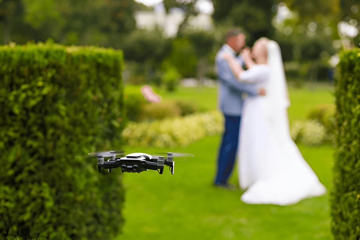 Aerial drone footage enhancing the wedding video with unique angles and perspectives.